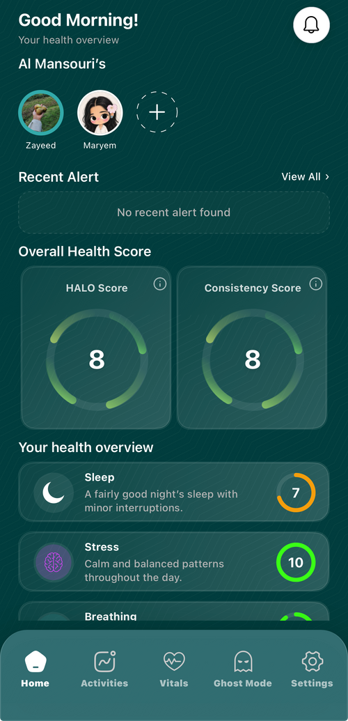 The Halo parent app showing two children in one family view